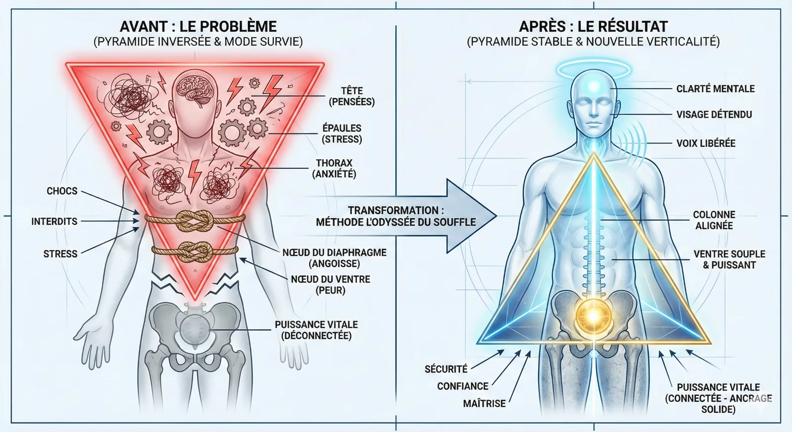 Schéma de transformation par la méthode L'Odyssée du Souffle : passage d'un corps verrouillé (énergie bloquée dans le haut) à une structure alignée (énergie redescendue, ancrage retrouvé)